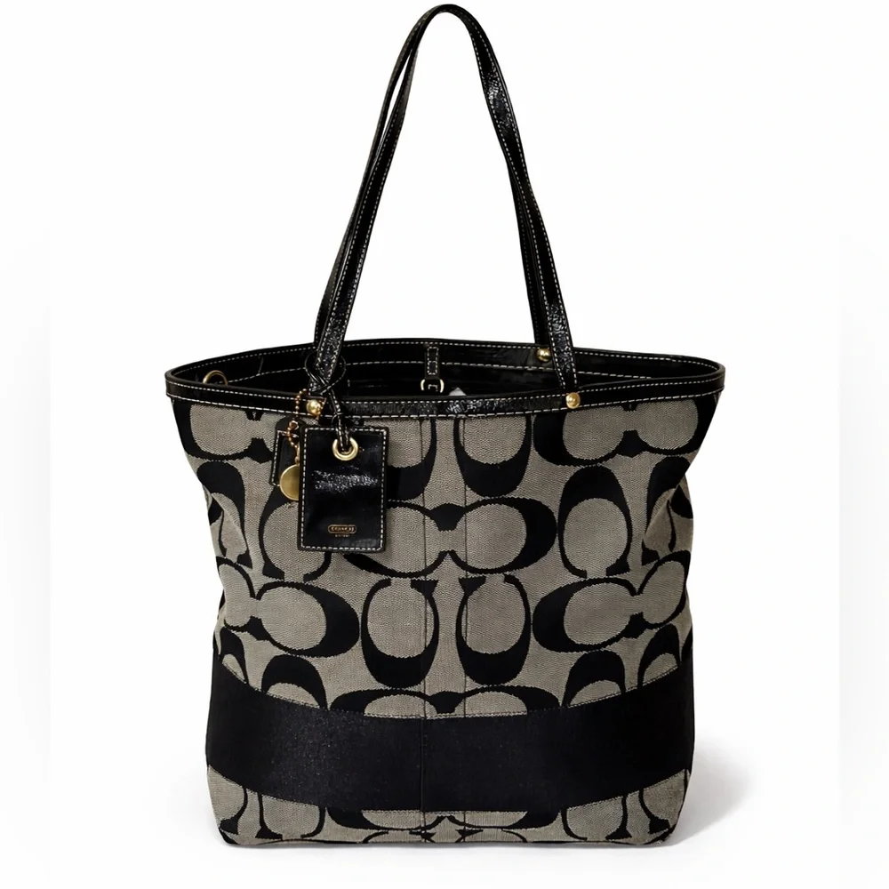 Coach Signature Black Gray Canvas Leather structured logo Shoulder Bag - Picture 5 of 16